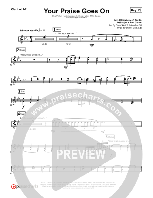 Your Praise Goes On (Choral Anthem SATB) Clarinet 1,2 (Crowder / Arr. Luke Gambill)
