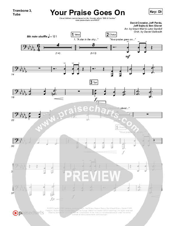 Your Praise Goes On (Choral Anthem SATB) Trombone 3/Tuba (Crowder / Arr. Luke Gambill)