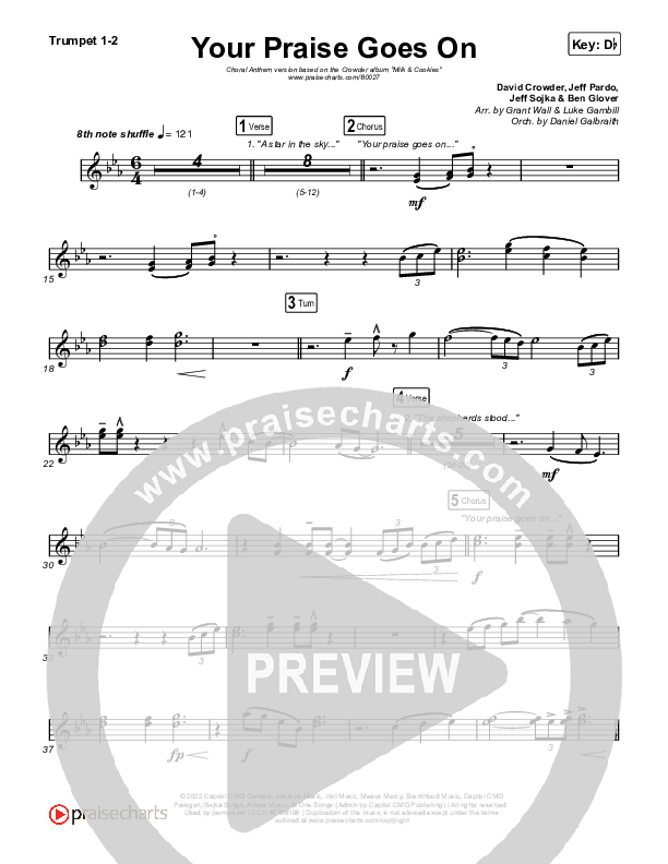 Your Praise Goes On (Choral Anthem SATB) Trumpet 1,2 (Crowder / Arr. Luke Gambill)
