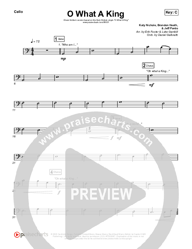 O What A King (Choral Anthem SATB) Cello (Katy Nichole / Arr. Luke Gambill)