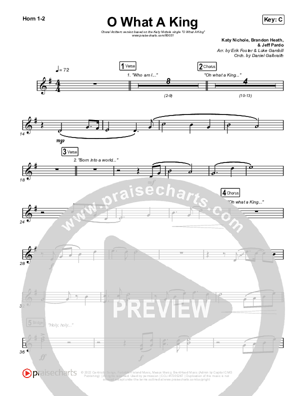 O What A King (Choral Anthem SATB) French Horn 1,2 (Katy Nichole / Arr. Luke Gambill)