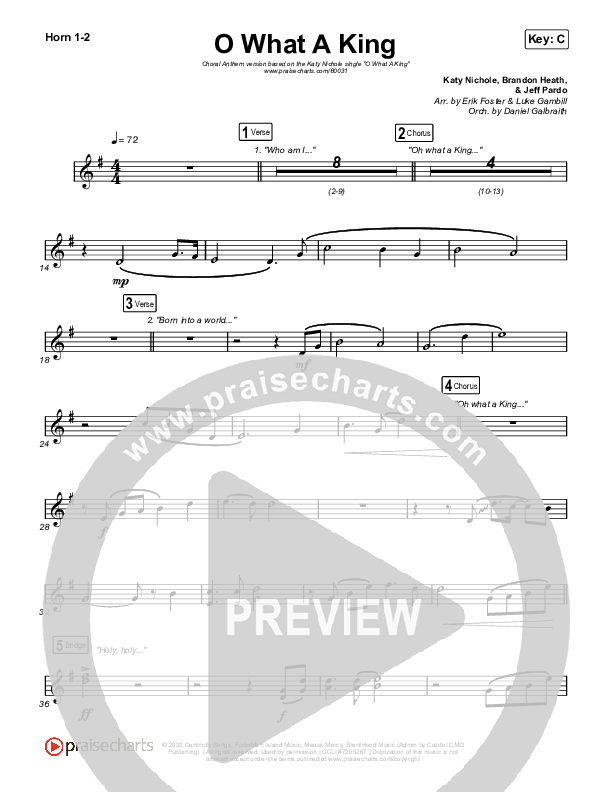 O What A King (Choral Anthem SATB) French Horn 1,2 (Katy Nichole / Arr. Luke Gambill)