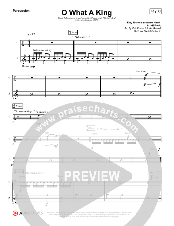 O What A King (Choral Anthem SATB) Percussion (Katy Nichole / Arr. Luke Gambill)