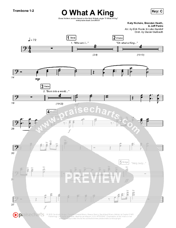 O What A King (Choral Anthem SATB) Trombone 1/2 (Katy Nichole / Arr. Luke Gambill)