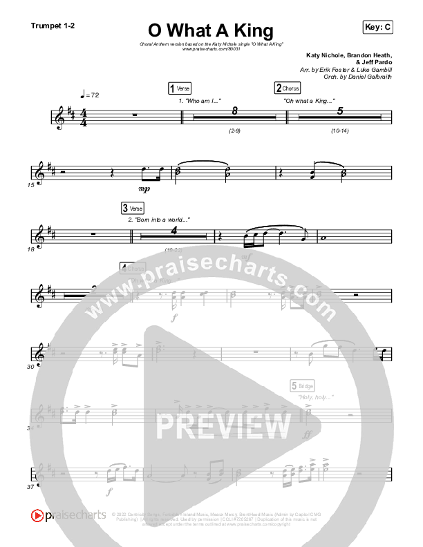 O What A King (Choral Anthem SATB) Trumpet 1,2 (Katy Nichole / Arr. Luke Gambill)