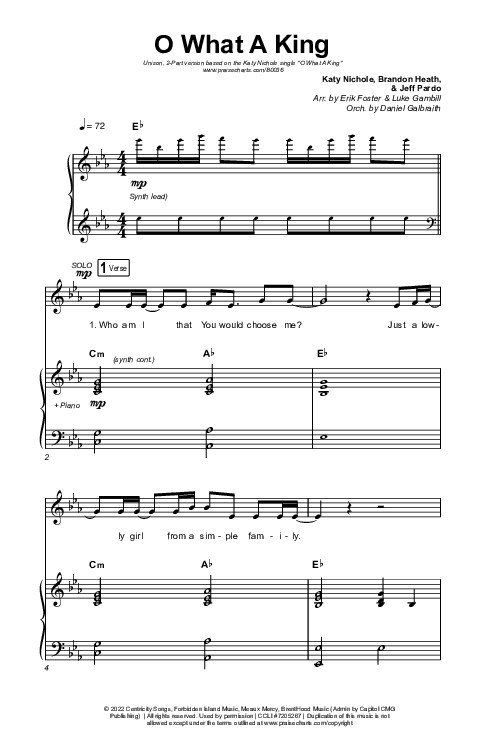 O What A King (Unison/2-Part Choir) Octavo (Uni/2-Part & Pno) (Katy Nichole / Arr. Luke Gambill)