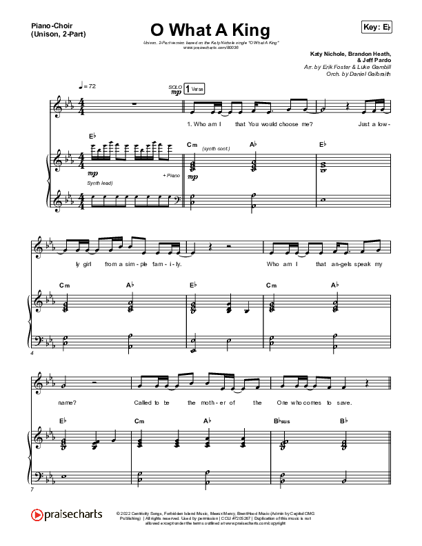 O What A King (Unison/2-Part Choir) Piano/Choir  (Uni/2-Part) (Katy Nichole / Arr. Luke Gambill)