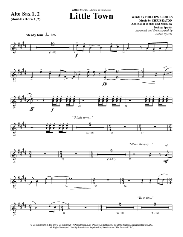 Little Town (Choral Anthem SATB) Alto Sax 1/2 (Word Music Choral / Arr. Joshua Spacht)