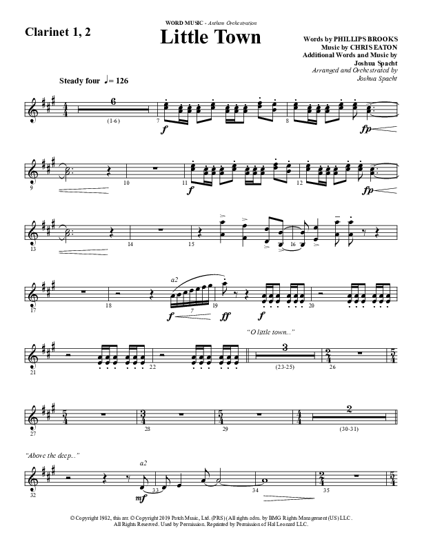 Little Town (Choral Anthem SATB) Clarinet 1/2 (Word Music Choral / Arr. Joshua Spacht)