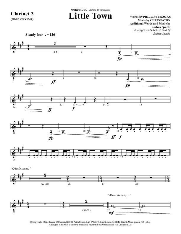 Little Town (Choral Anthem SATB) Clarinet 3 (Word Music Choral / Arr. Joshua Spacht)