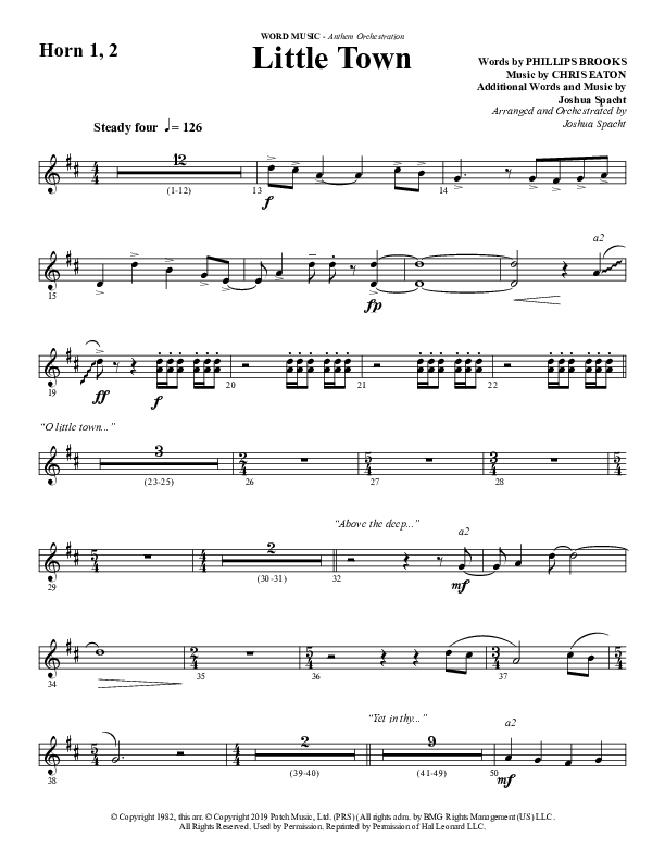 Little Town (Choral Anthem SATB) French Horn 1/2 (Word Music Choral / Arr. Joshua Spacht)