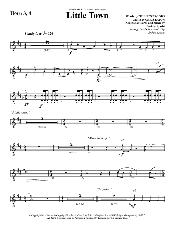 Little Town (Choral Anthem SATB) French Horn 3 (Word Music Choral / Arr. Joshua Spacht)