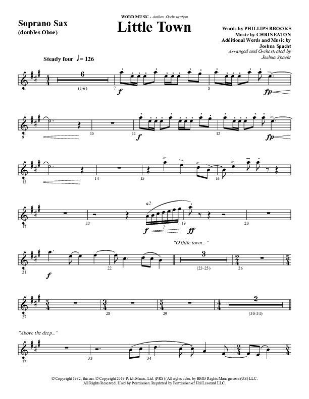 Little Town (Choral Anthem SATB) Soprano Sax (Word Music Choral / Arr. Joshua Spacht)