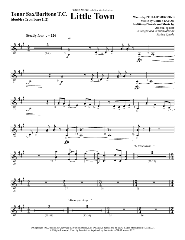 Little Town (Choral Anthem SATB) Tenor Sax/Baritone T.C. (Word Music Choral / Arr. Joshua Spacht)
