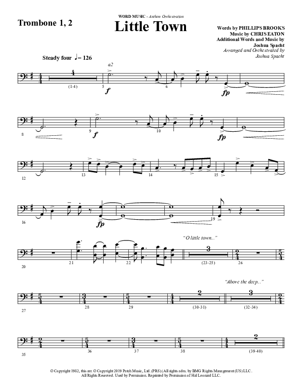 Little Town (Choral Anthem SATB) Trombone 1/2 (Word Music Choral / Arr. Joshua Spacht)
