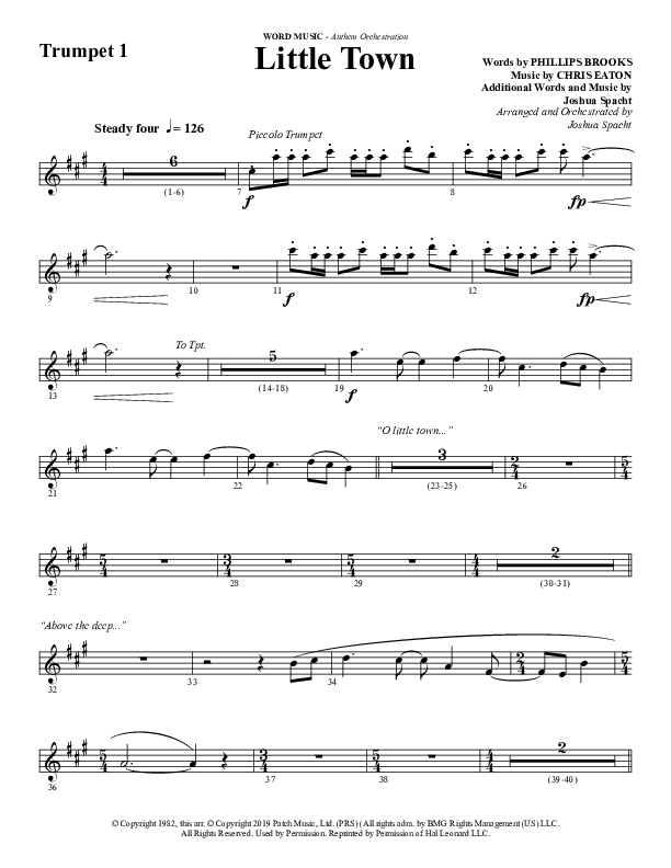 Little Town (Choral Anthem SATB) Trumpet 1 (Word Music Choral / Arr. Joshua Spacht)