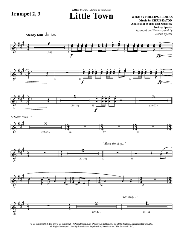 Little Town (Choral Anthem SATB) Trumpet 2/3 (Word Music Choral / Arr. Joshua Spacht)