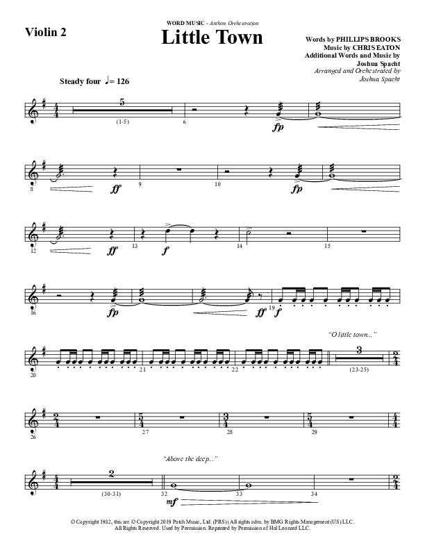 Little Town (Choral Anthem SATB) Violin 2 (Word Music Choral / Arr. Joshua Spacht)