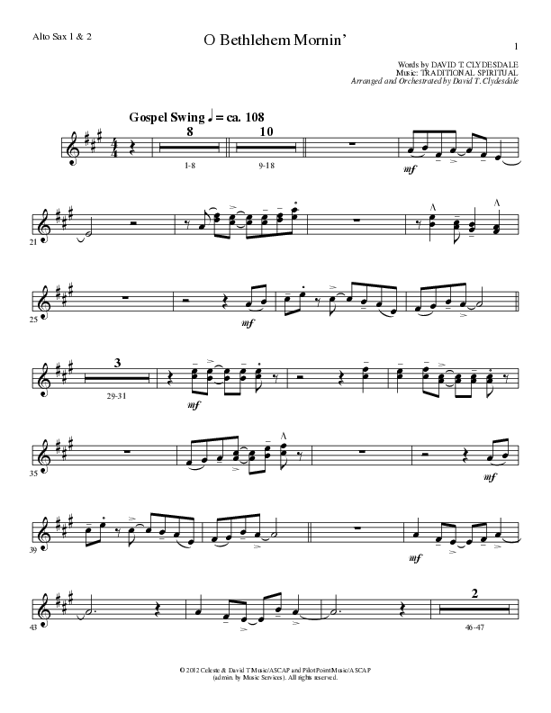 O Bethlehem Mornin' (Choral Anthem SATB) Alto Sax 1/2 (Lillenas Choral / Arr. David Clydesdale)