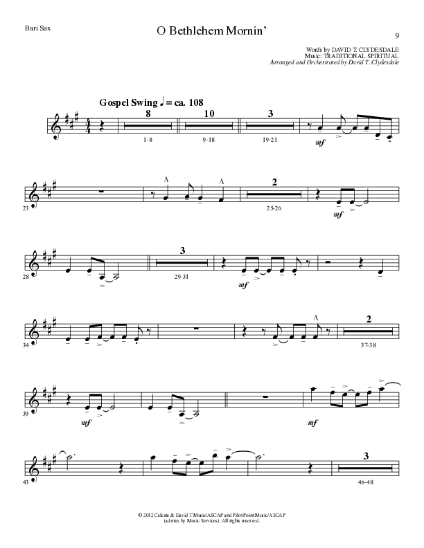 O Bethlehem Mornin' (Choral Anthem SATB) Bari Sax (Lillenas Choral / Arr. David Clydesdale)
