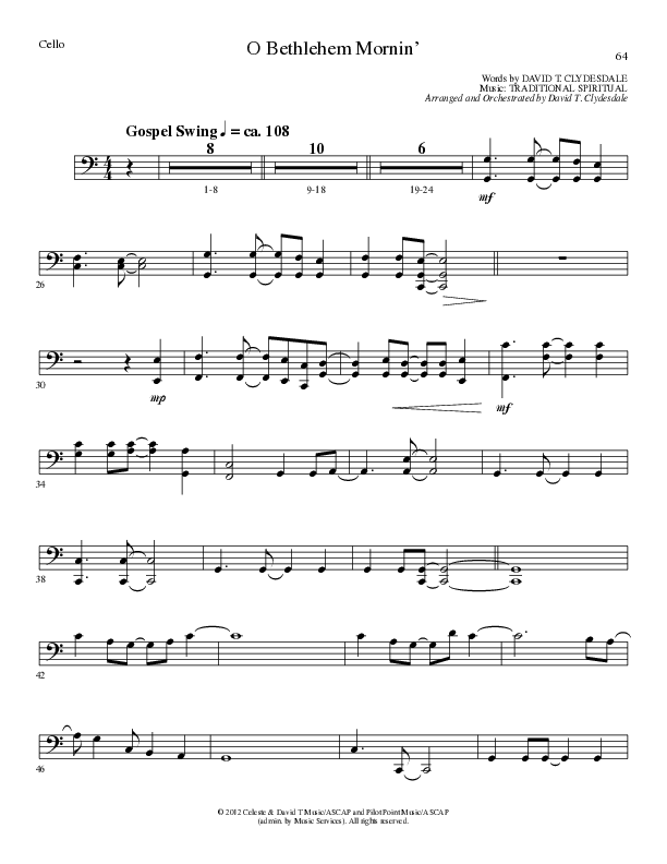 O Bethlehem Mornin' (Choral Anthem SATB) Cello (Lillenas Choral / Arr. David Clydesdale)