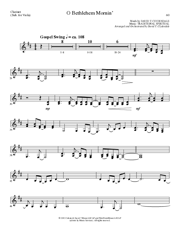 O Bethlehem Mornin' (Choral Anthem SATB) Clarinet (Lillenas Choral / Arr. David Clydesdale)