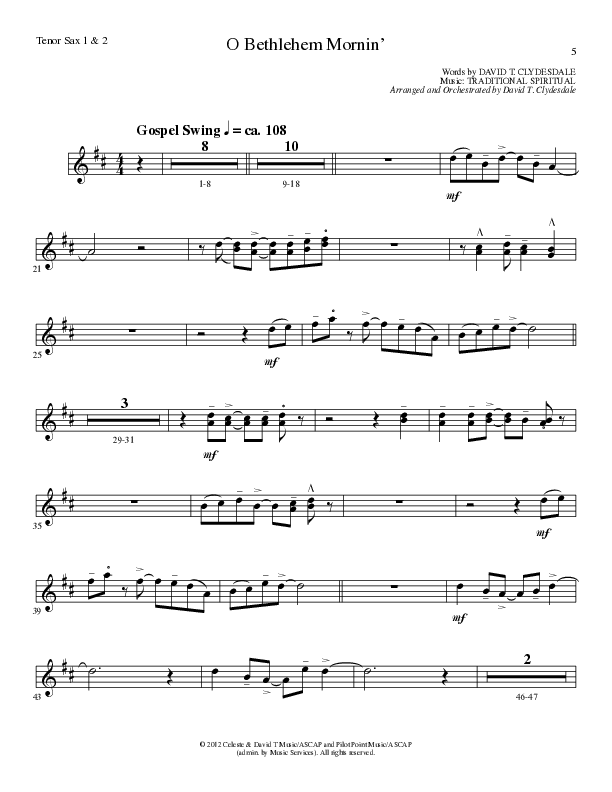 O Bethlehem Mornin' (Choral Anthem SATB) Tenor Sax 1/2 (Lillenas Choral / Arr. David Clydesdale)