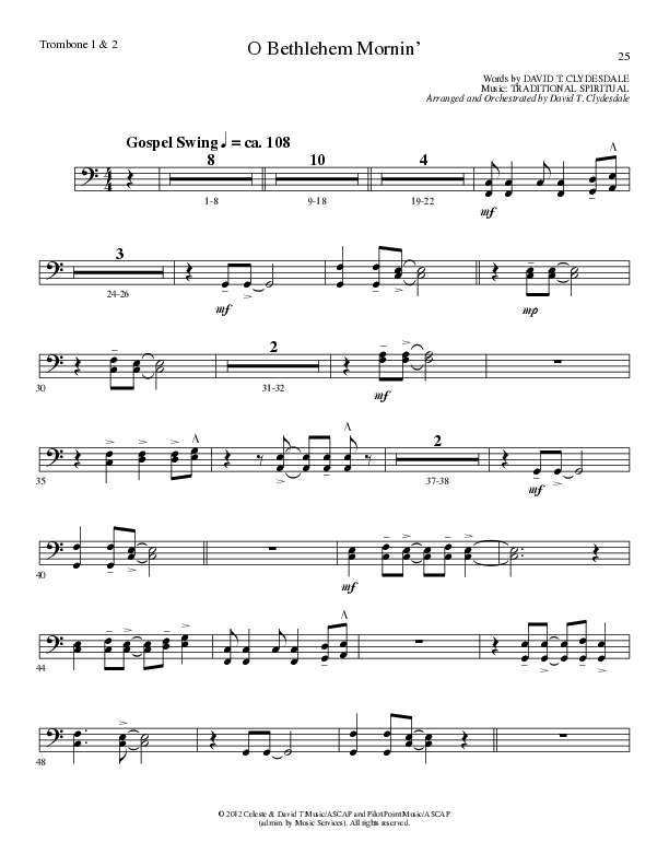 O Bethlehem Mornin' (Choral Anthem SATB) Trombone 1/2 (Lillenas Choral / Arr. David Clydesdale)