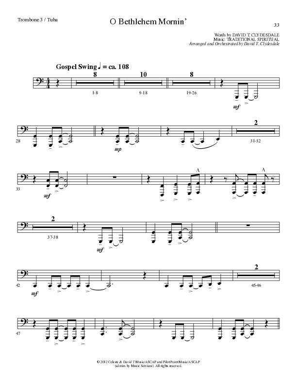 O Bethlehem Mornin' (Choral Anthem SATB) Trombone 3/Tuba (Lillenas Choral / Arr. David Clydesdale)