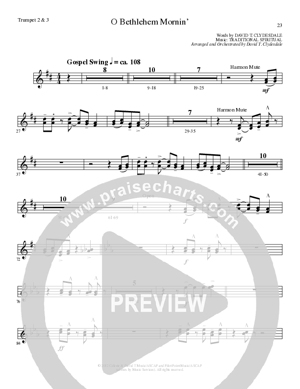 O Bethlehem Mornin' (Choral Anthem SATB) Trumpet 2/3 (Lillenas Choral / Arr. David Clydesdale)