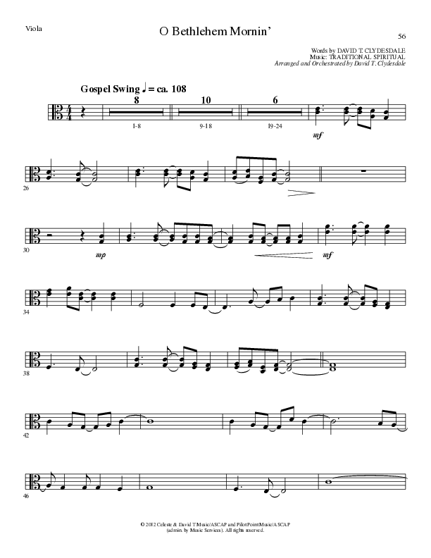 O Bethlehem Mornin' (Choral Anthem SATB) Viola (Lillenas Choral / Arr. David Clydesdale)