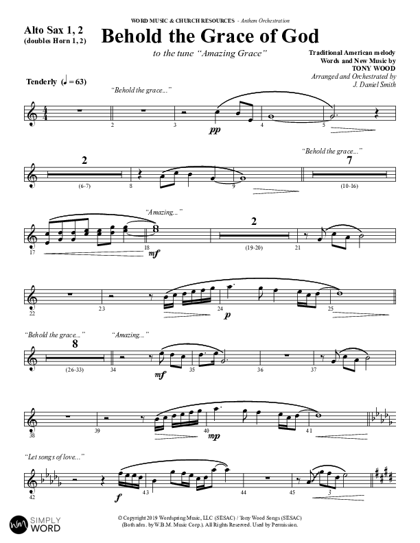 Behold The Grace Of God (Choral Anthem SATB) Alto Sax 1/2 (Word Music Choral / Arr. J. Daniel Smith)