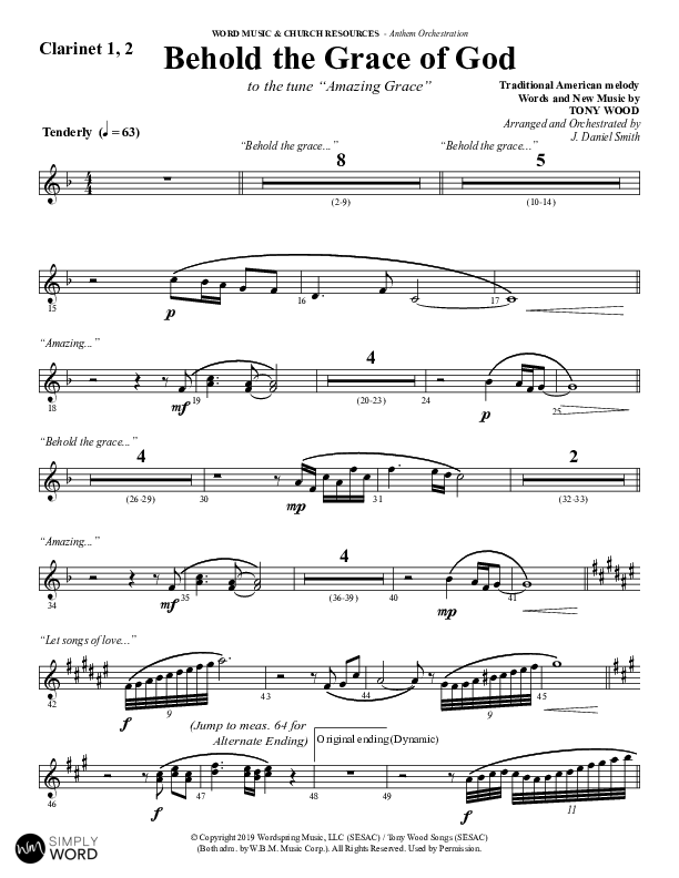 Behold The Grace Of God (Choral Anthem SATB) Clarinet 1/2 (Word Music Choral / Arr. J. Daniel Smith)