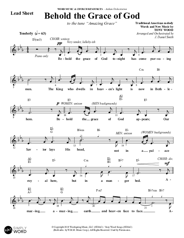 Behold The Grace Of God (Choral Anthem SATB) Lead Sheet (Melody) (Word Music Choral / Arr. J. Daniel Smith)