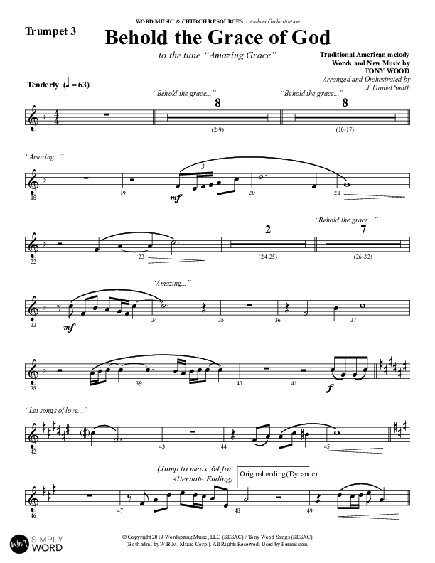 Behold The Grace Of God (Choral Anthem SATB) Trumpet 3 (Word Music Choral / Arr. J. Daniel Smith)