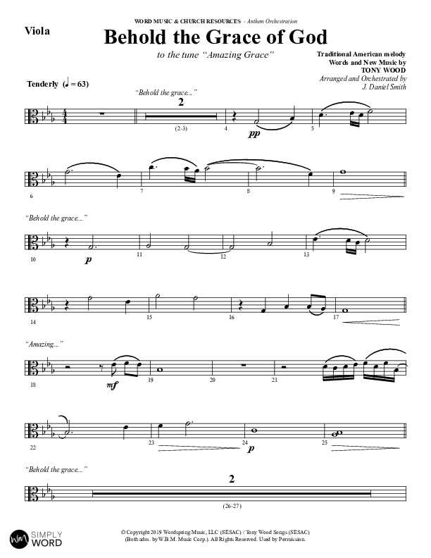 Behold The Grace Of God (Choral Anthem SATB) Viola (Word Music Choral / Arr. J. Daniel Smith)