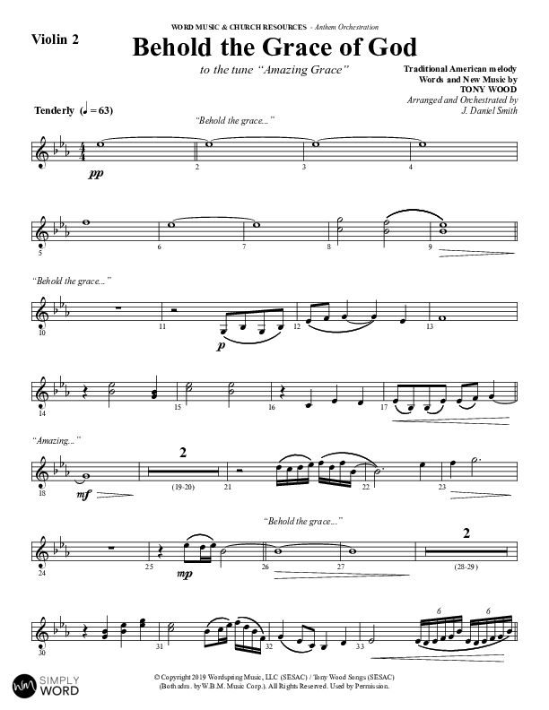 Behold The Grace Of God (Choral Anthem SATB) Violin 2 (Word Music Choral / Arr. J. Daniel Smith)