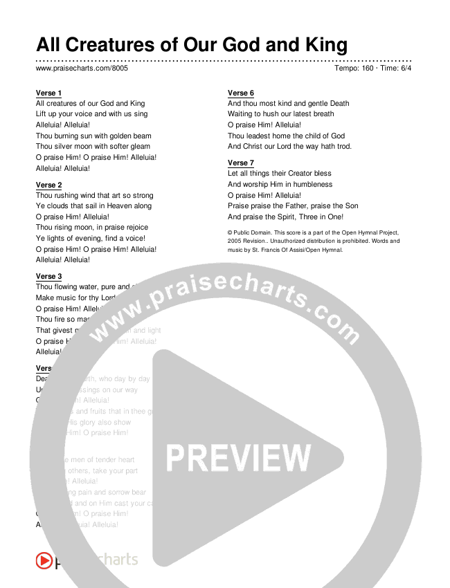 All Creatures Of Our God And King Lyrics (Traditional Hymn)