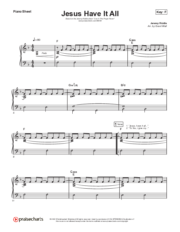 Jesus Have It All Piano Sheet (Jeremy Riddle)