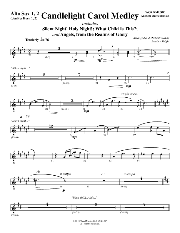 Candlelight Carol Medley (Choral Anthem SATB) Alto Sax 1/2 (Word Music Choral / Arr. Bradley Knight)