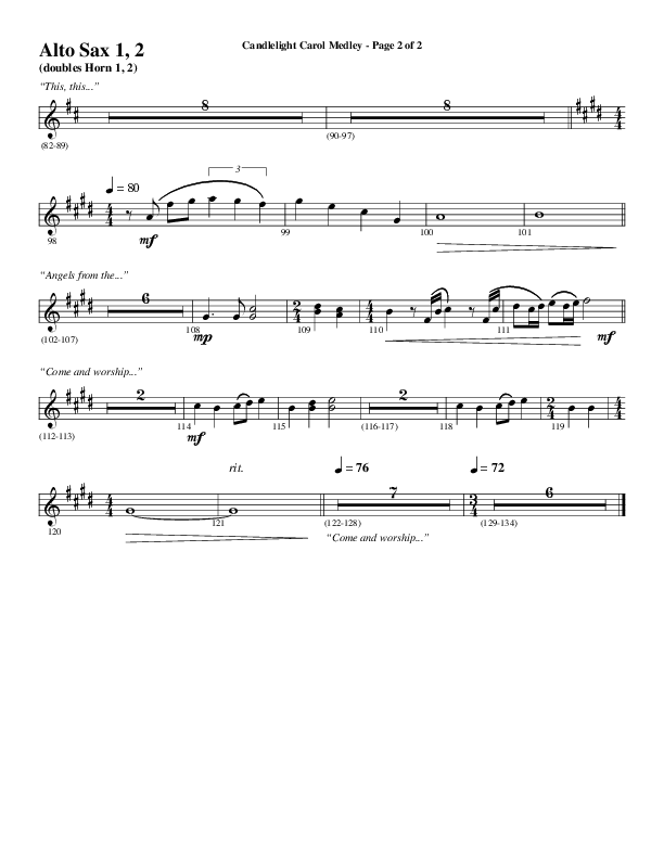 Candlelight Carol Medley (Choral Anthem SATB) Alto Sax 1/2 (Word Music Choral / Arr. Bradley Knight)