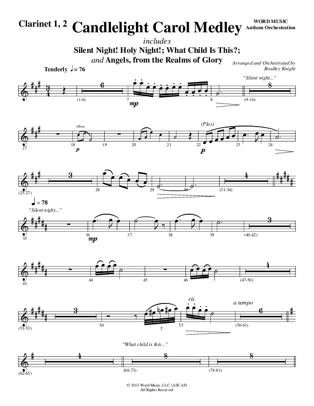 Candlelight Carol Medley (Choral Anthem SATB) Clarinet 1/2 (Word Music Choral / Arr. Bradley Knight)
