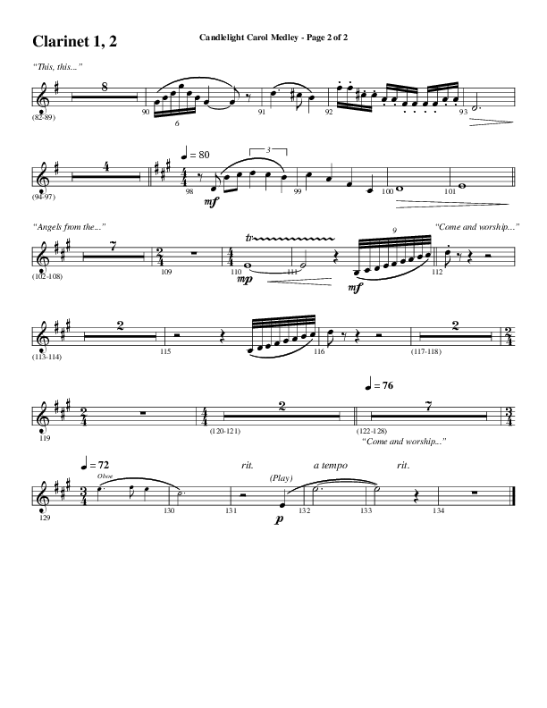 Candlelight Carol Medley (Choral Anthem SATB) Clarinet 1/2 (Word Music Choral / Arr. Bradley Knight)