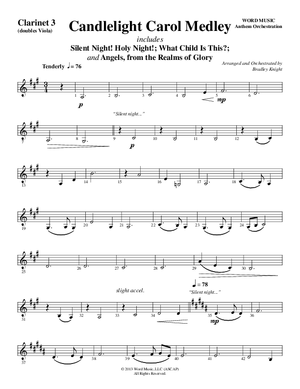 Candlelight Carol Medley (Choral Anthem SATB) Clarinet 3 (Word Music Choral / Arr. Bradley Knight)