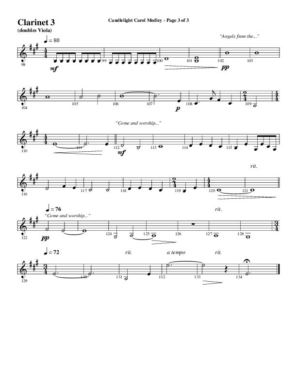 Candlelight Carol Medley (Choral Anthem SATB) Clarinet 3 (Word Music Choral / Arr. Bradley Knight)
