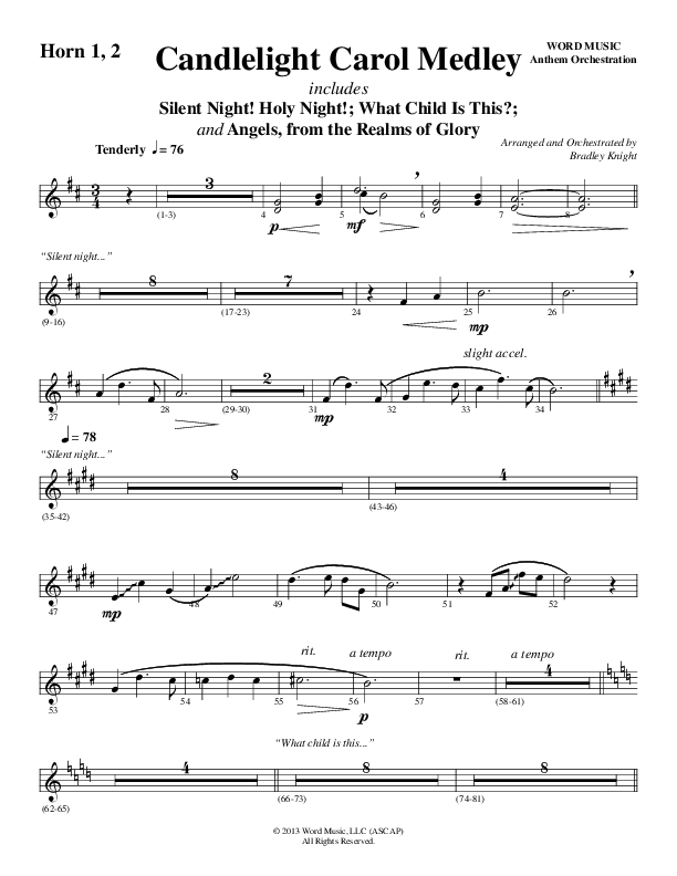 Candlelight Carol Medley (Choral Anthem SATB) French Horn 1/2 (Word Music Choral / Arr. Bradley Knight)