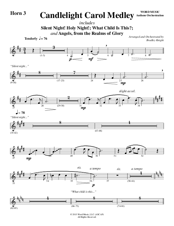 Candlelight Carol Medley (Choral Anthem SATB) French Horn 3 (Word Music Choral / Arr. Bradley Knight)