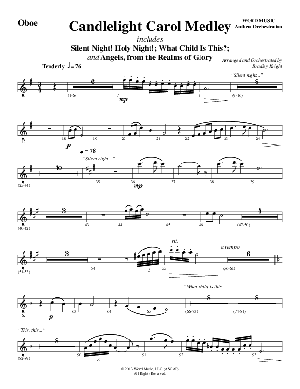 Candlelight Carol Medley (Choral Anthem SATB) Oboe (Word Music Choral / Arr. Bradley Knight)