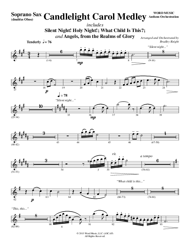 Candlelight Carol Medley (Choral Anthem SATB) Soprano Sax (Word Music Choral / Arr. Bradley Knight)