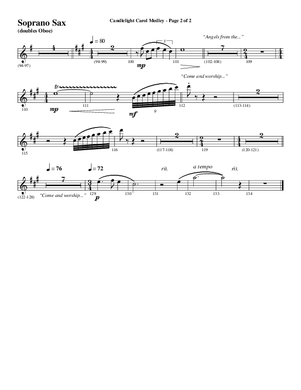 Candlelight Carol Medley (Choral Anthem SATB) Soprano Sax (Word Music Choral / Arr. Bradley Knight)